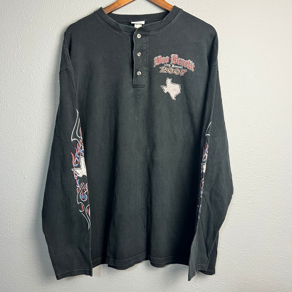 Anvil Boo Benefit Texas Motorcycle Cycle Graphic Long Sleeve Henley Shirt XL‎